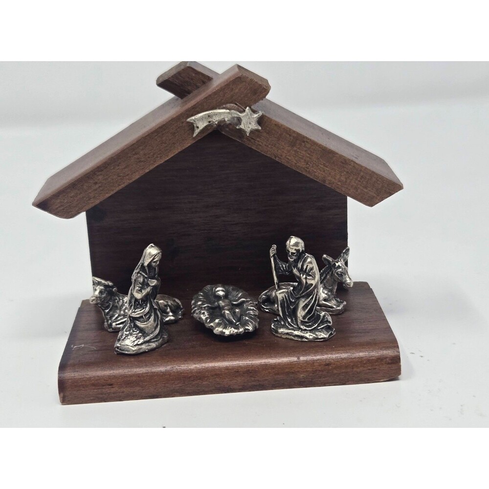 Vintage Miniature Nativity Set Silver Tone Holy Family Wood Stable Creche Xmas